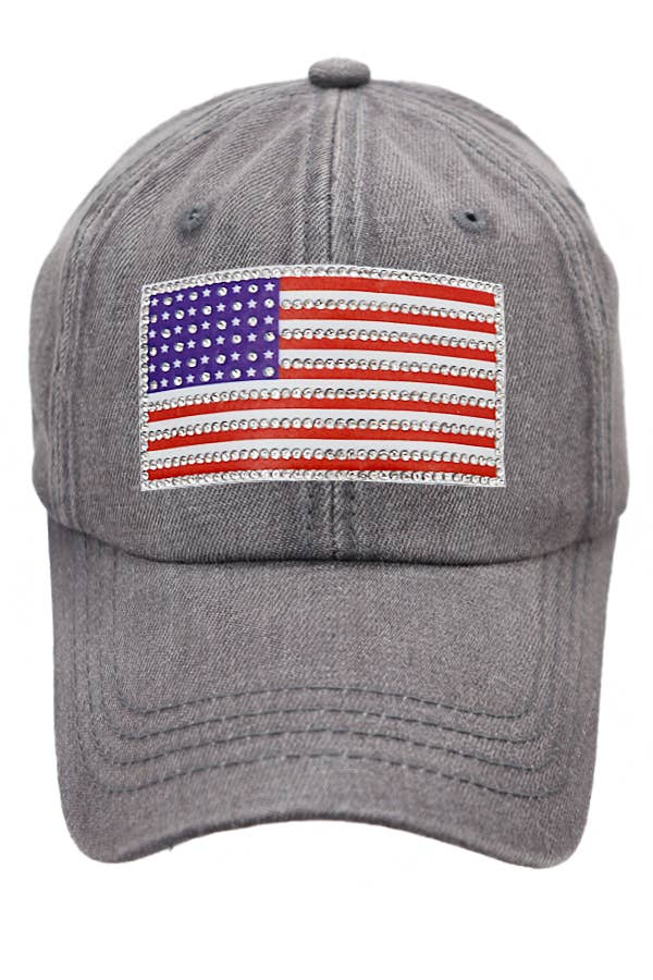 Cap Zone - Wholesale Baseball Cap - Unisex - American Flag Rhinestone Patch Washed Denim Baseball Cap16
