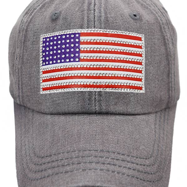 Cap Zone - Wholesale Baseball Cap - Unisex - American Flag Rhinestone Patch Washed Denim Baseball Cap16