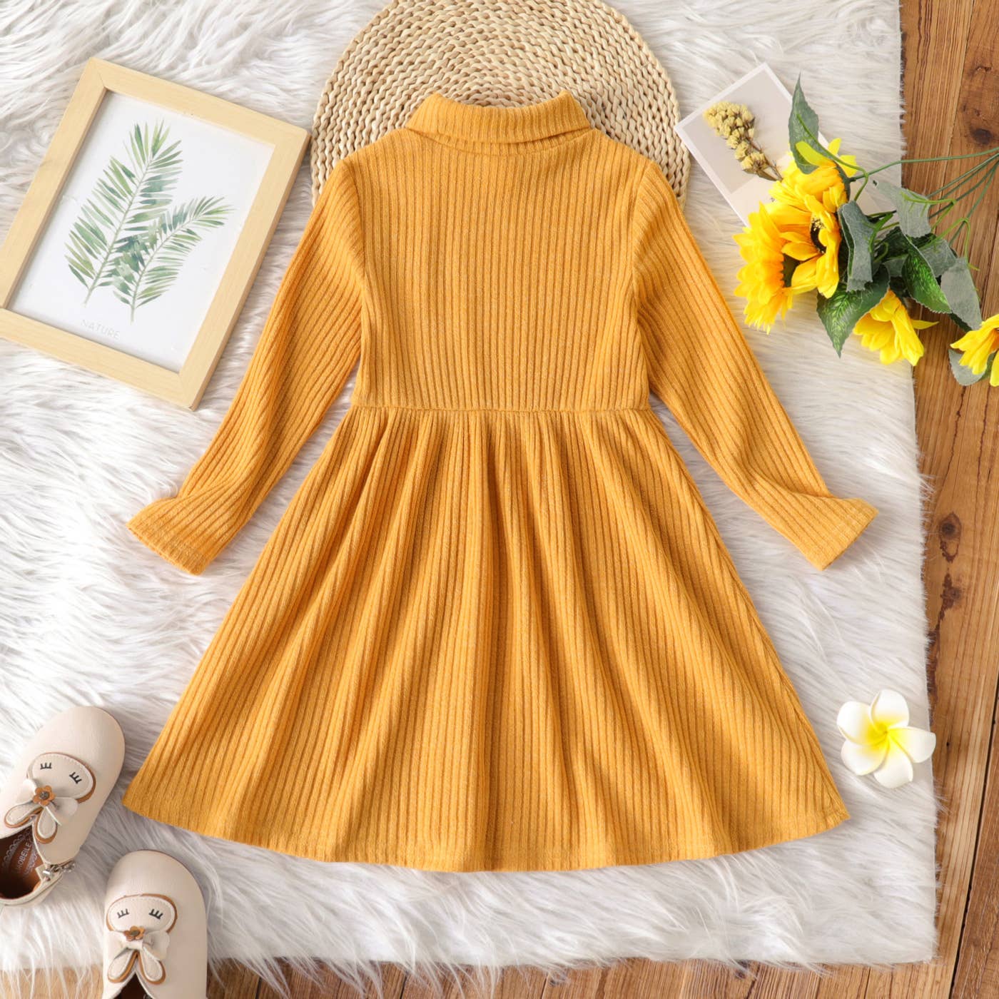 PatPat - Wholesale Dress - Kids - Toddler Girl Turtleneck Solid Color Ribbed Long-sleeve Dress5