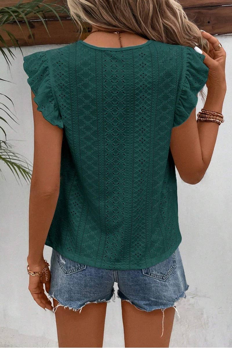 NINEXIS - Wholesale Blouse - Women's - CWTBLS0605_ ROUND NECK LACE RUFFLE SHORT SLEEVE BLOUSE TOP5