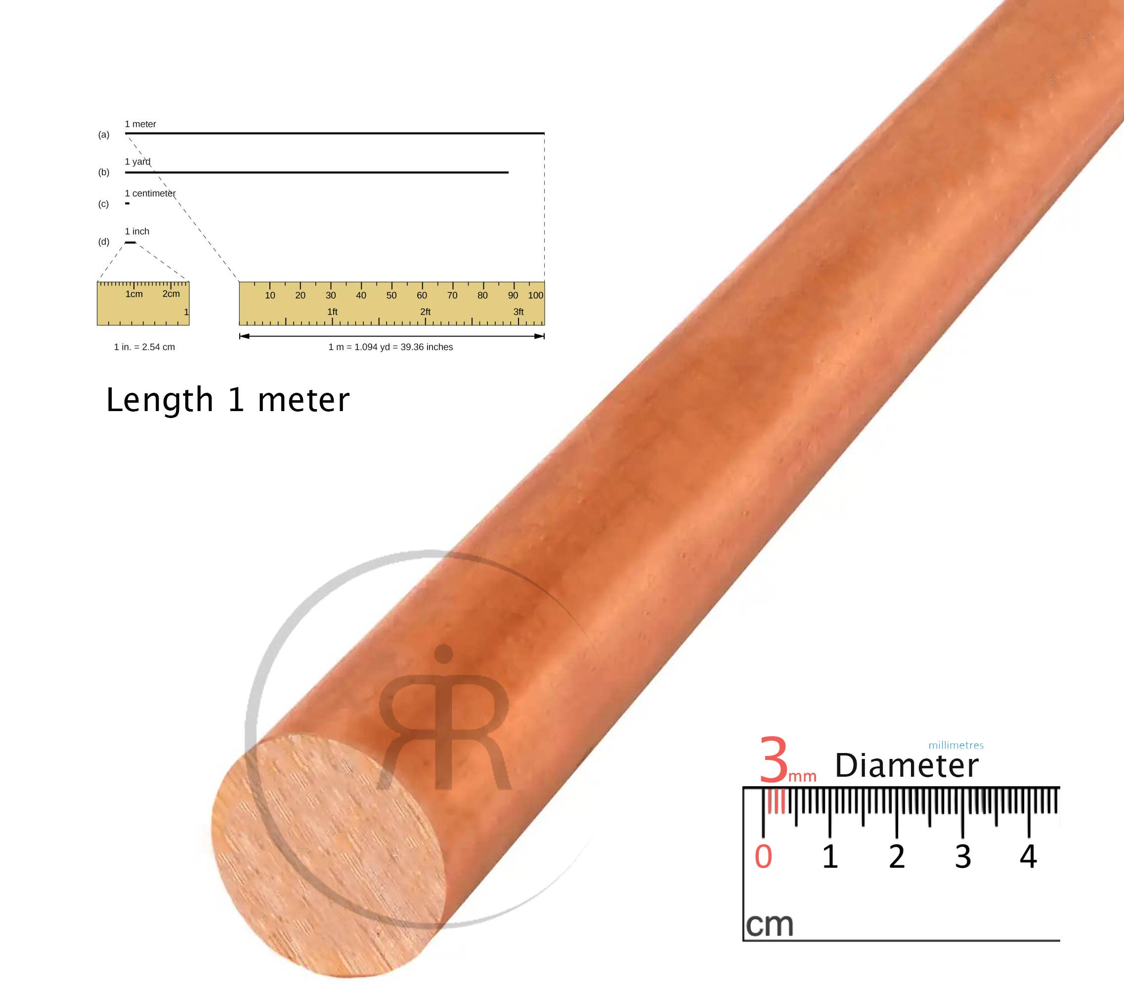 Pattern Weights Ltd – wholesale Craft supplies – 25x 3mm Diameter x 1Metre COPPER ROUND BAR Pure Copper 99.9%1