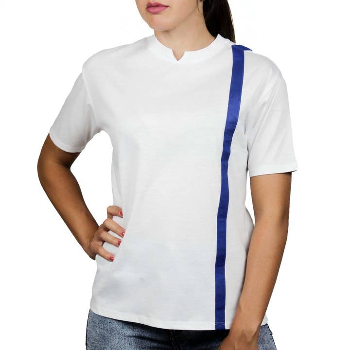 White T-shirt with cobalt linen inserts front and back for wholesale by Vinto Exclusive