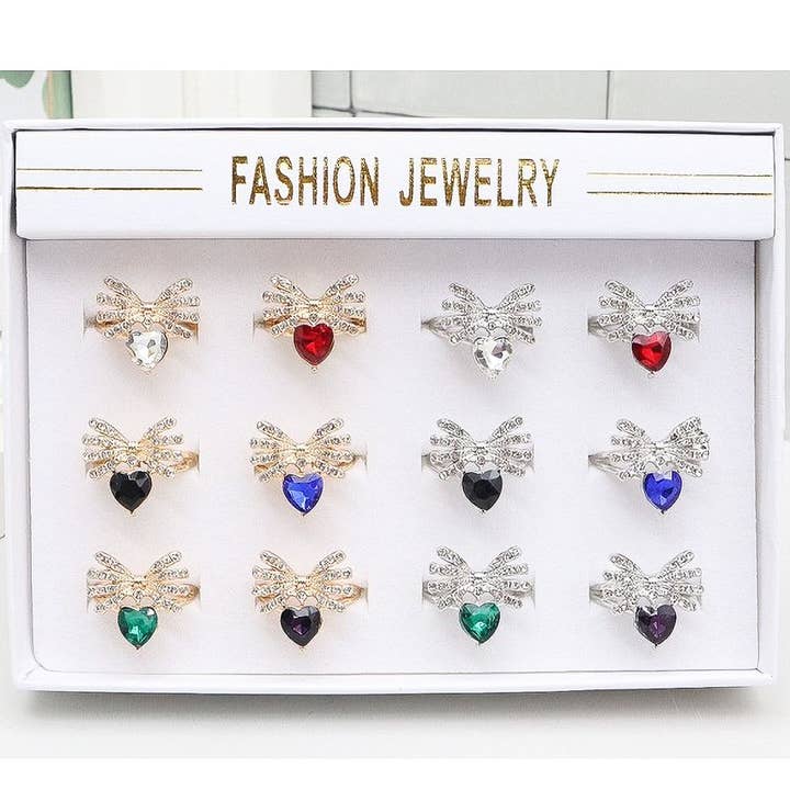 12pk Rhinestone Bow Dangle Heart Fashion RIngs for wholesale by Diacly