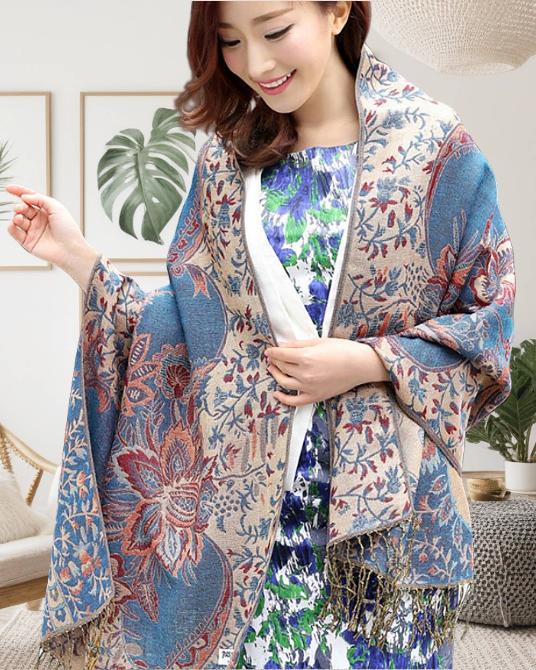 JC Sunny Fashion - Wholesale Scarf - Women's - JCP25002 Stunning Vibrant Metallic-Thread Floral Pashmina Scarf1