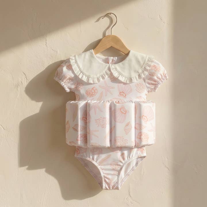 Kids Float Swimwear - Cove Seashells - Pink Frill for wholesale by Little Soleil
