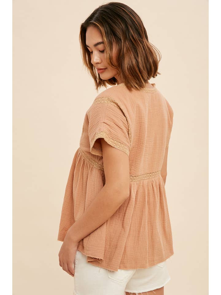 In Loom - Wholesale Blouse - Women's - COTTON MUSLIN LACE ACCENT V NECK BLOUSE