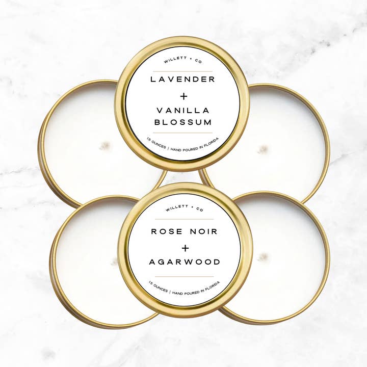 Lavender + Vanilla Blossum | 1.5 Ounce Gold Tin Candle for wholesale by Willett and Co
