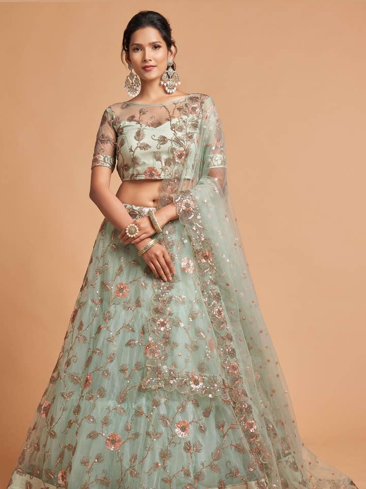 Lehenga Choli de Fiesta de Red Verde Menta para Boda y Festival Indio y Pakistaní - Trabajo de Lentejuelas y Bordado de Hilo, Trabajo de Zari, Trabajo de Dori para venta al por mayor de HATKE BRIDE