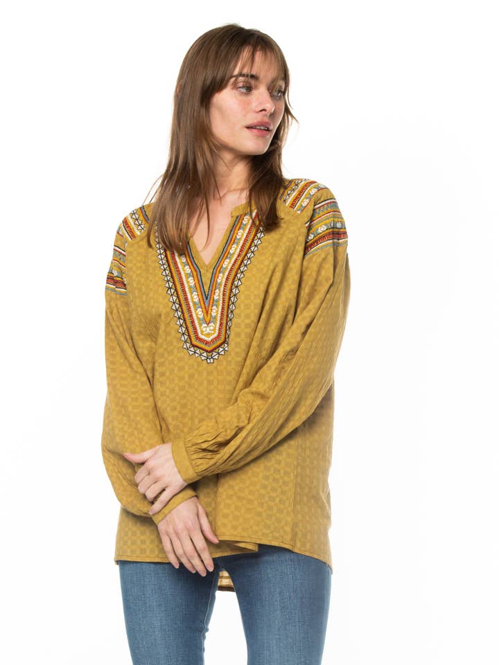 BLUSA BORDADA MOSTAZA KAZ para venta al por mayor de Tolani