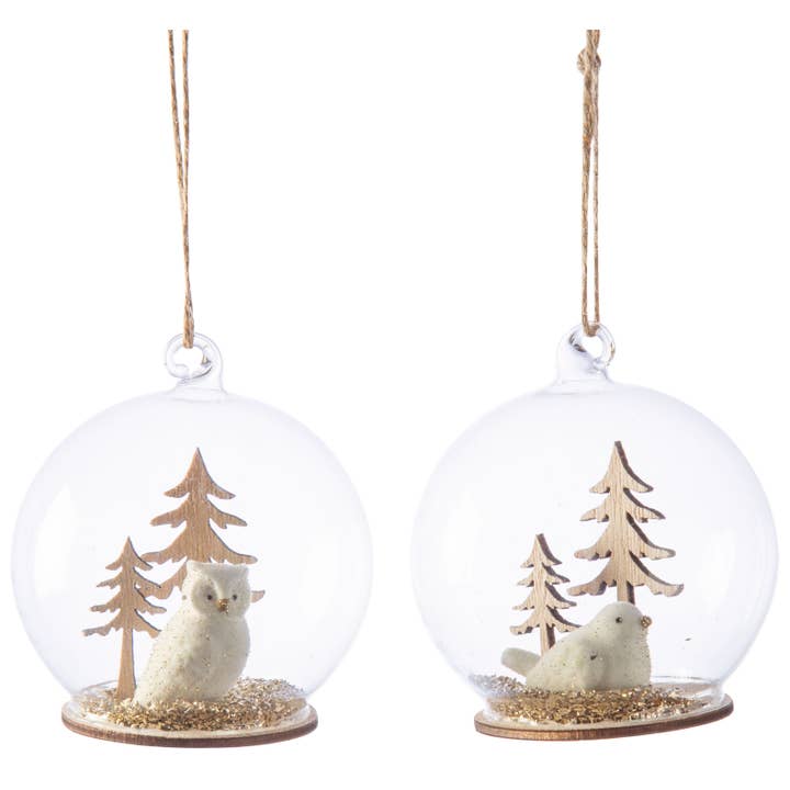 Silver Tree Home & Holiday - Wholesale Ornament Set - A24959 2 Asst'd flock owl&bird in dome orns,chunky champ