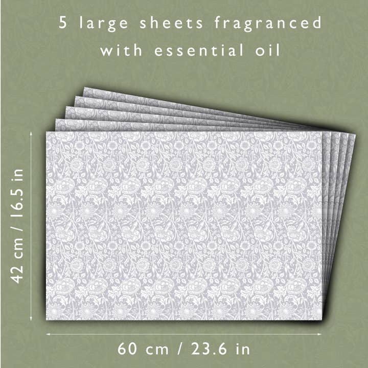 The Master Herbalist - Wholesale Drawer Liner - LILY OF THE VALLEY fragrance SCENTED Drawer Liners in GREY William Morris Design2
