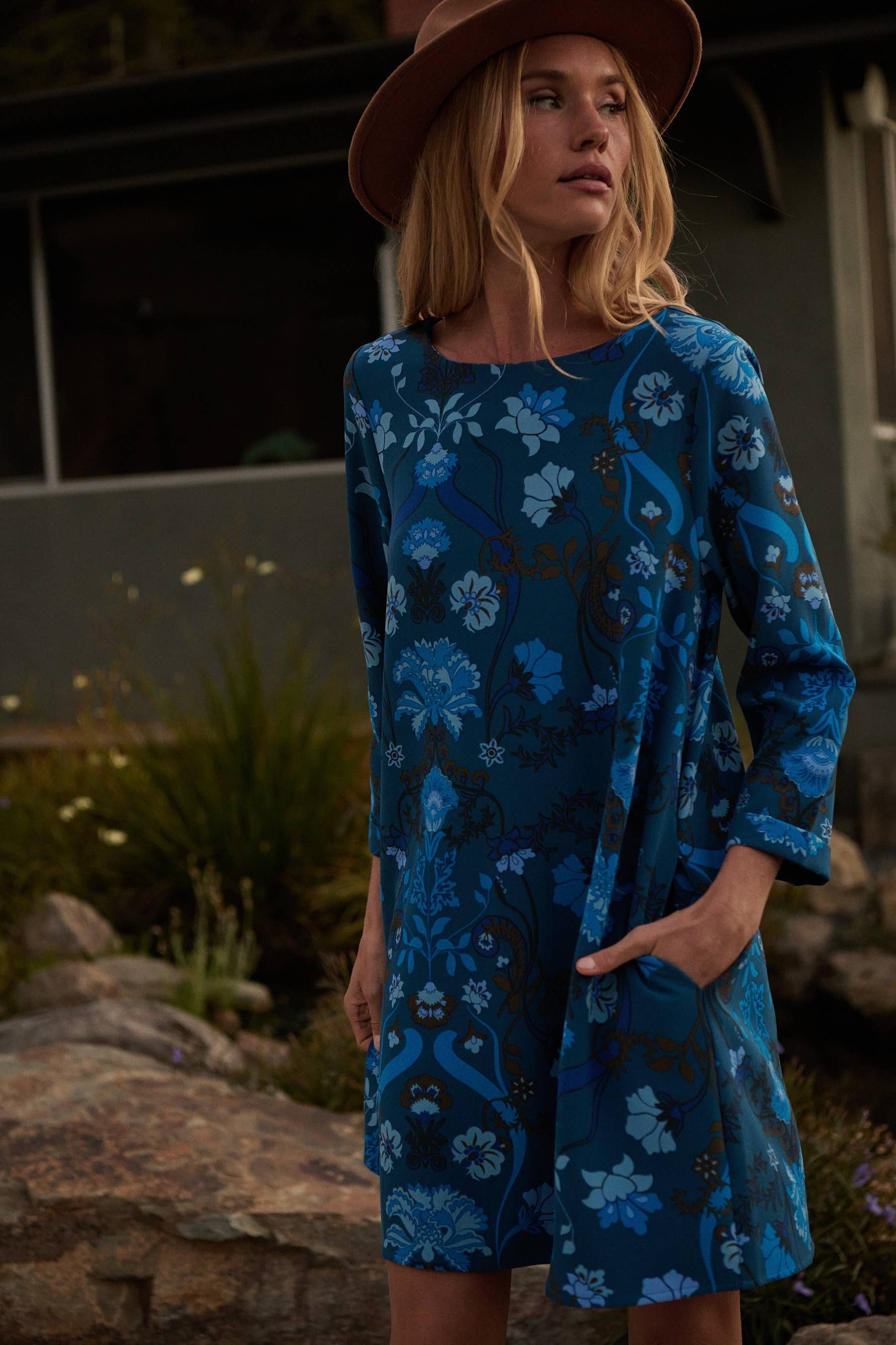 Teal Blue Palmate Floral Lonna Shift Mini Dress for wholesale on Faire7