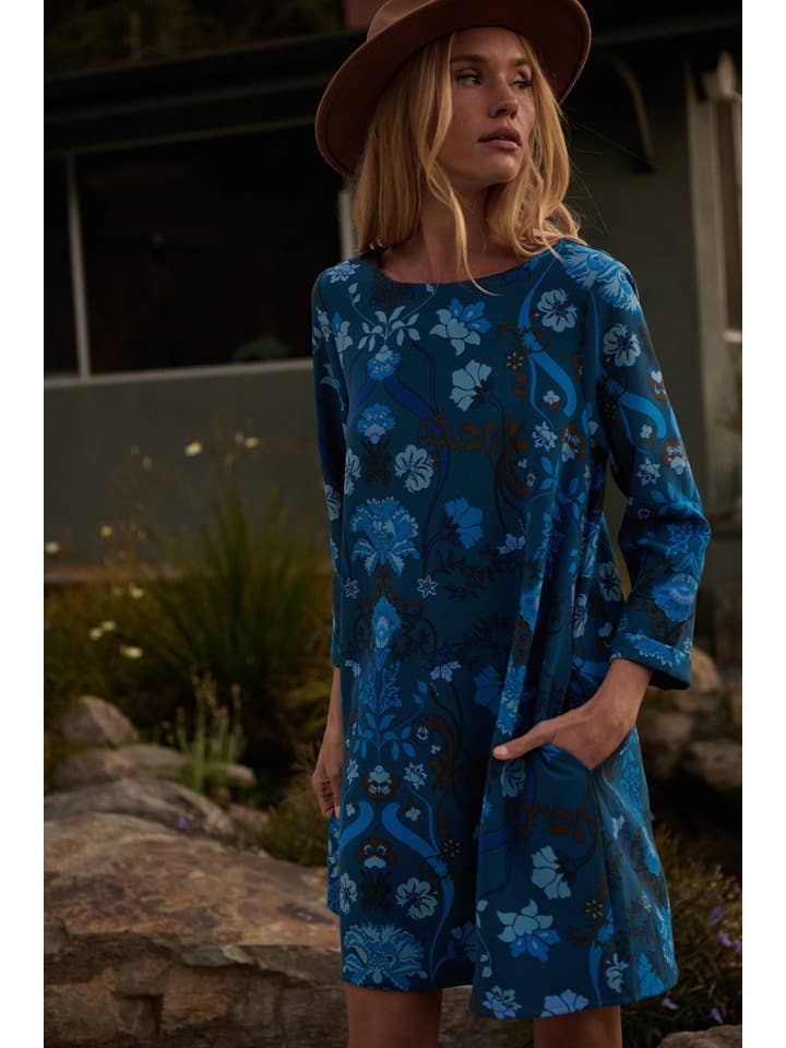 Teal Blue Palmate Floral Lonna Shift Mini Dress for wholesale on Faire7