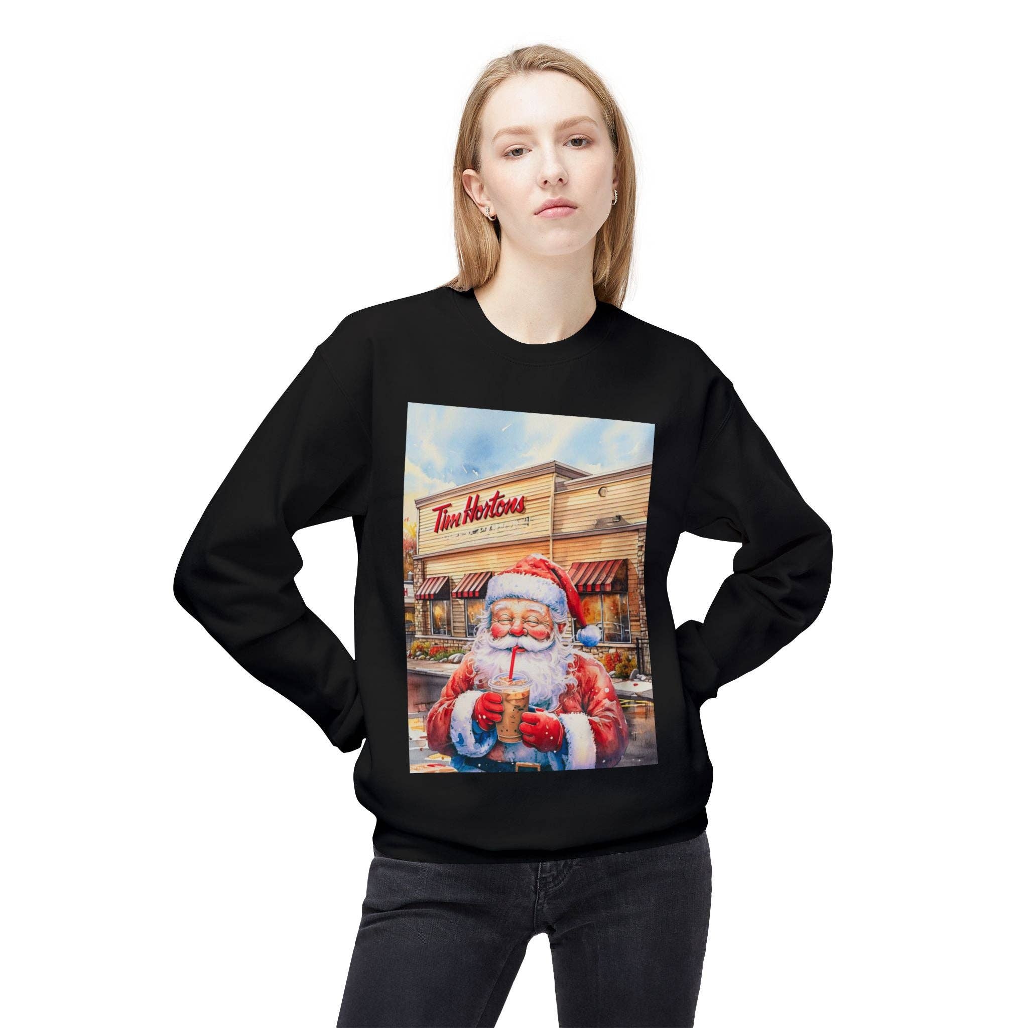Buffalovely - Wholesale Graphic Sweatshirt - Women's - Santa with an Iced Coffee at Tim Horton's Cozy Unisex Christmas Crewneck Sweatshirt19