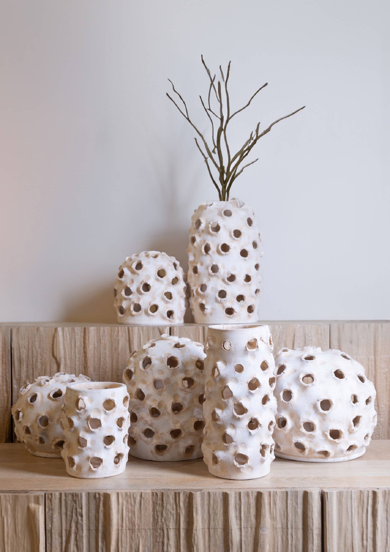 Lg Cylinder Object with holes White Ivory 5.5"X5.5"X11.75" for wholesale on Faire2