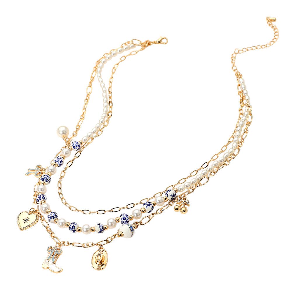 Sensibling Corp. - Wholesale Pendant/Charm Necklace - Western Cowboy Boot Hat Bow Cherry Heart Charm Station Pearl Floral Ceramic Ball Beaded Layered Necklace11