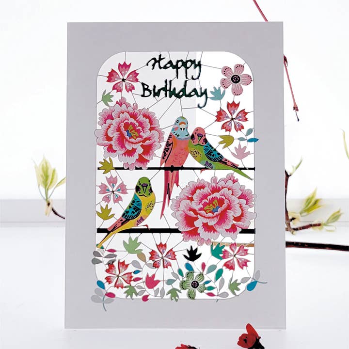 Budgies & Peonies Happy Birthday Card for wholesale by Forever Cards Ltd