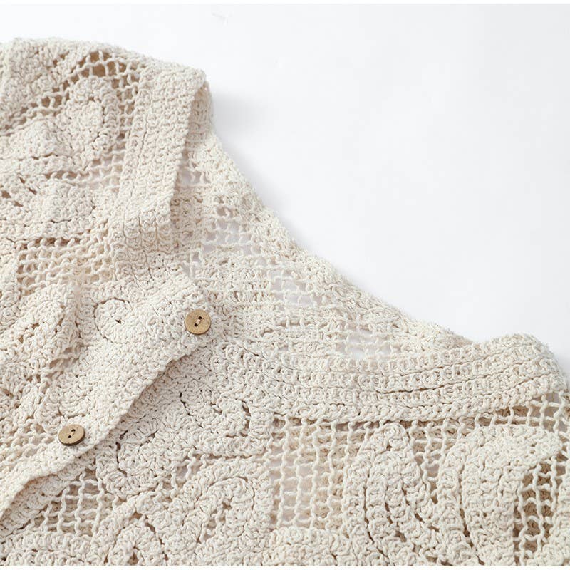 Beige Knit Button-Down Hollow Out Sweater Top for wholesale on Faire2