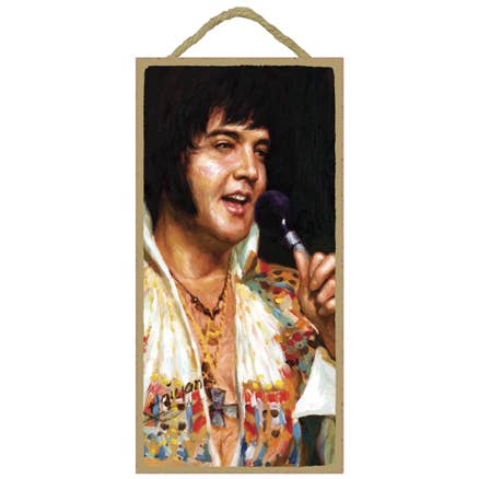 Elvis Presley (in white suit) 5" x 10" wood plaque, sign - for wholesale by SJT Enterprises, Inc.