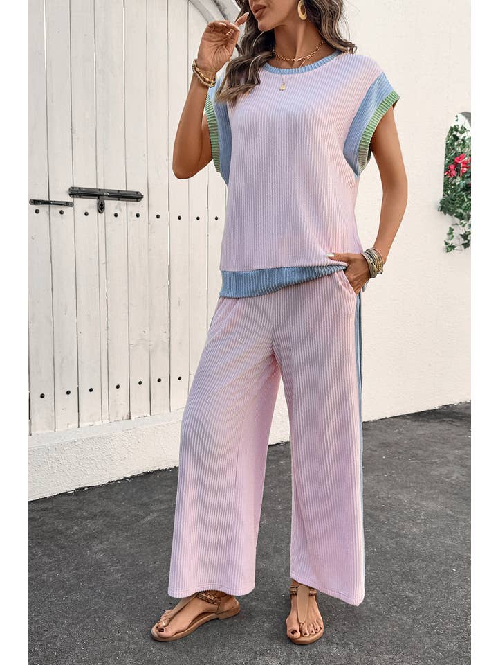 Pink Colorblock Patchwork Short Sleeve Top and Wide Leg Pants for wholesale on Faire
