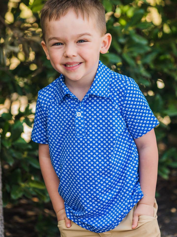RuffleButts + RuggedButts - Wholesale Athletic Top - Kids - Boys Tiny Blue Stars Knit Short Sleeve Performance Polo