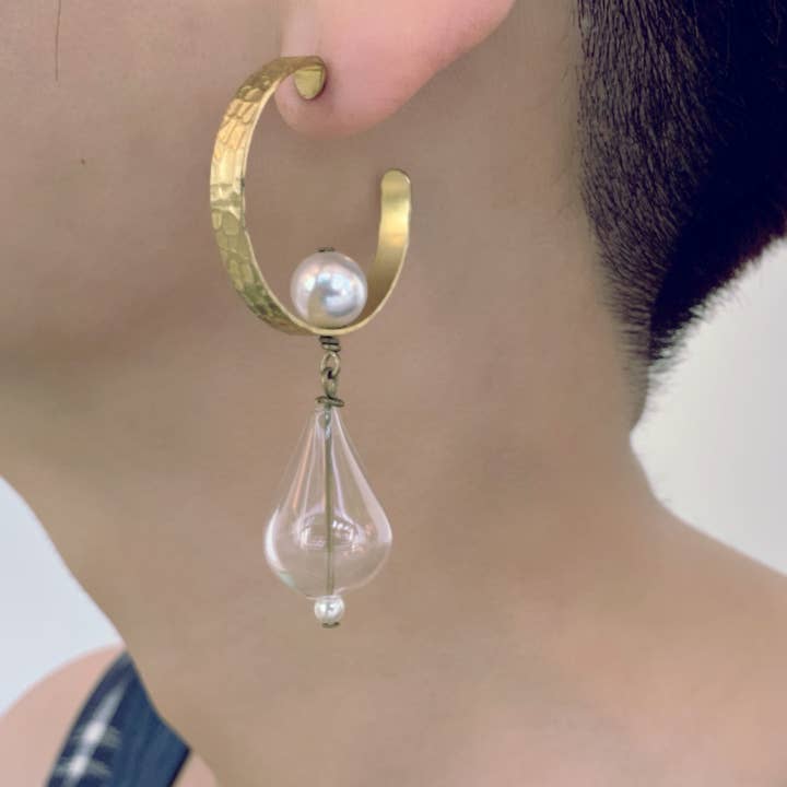 Pearl and Glass Drop Hoop earrings for wholesale by SORA DESIGNS