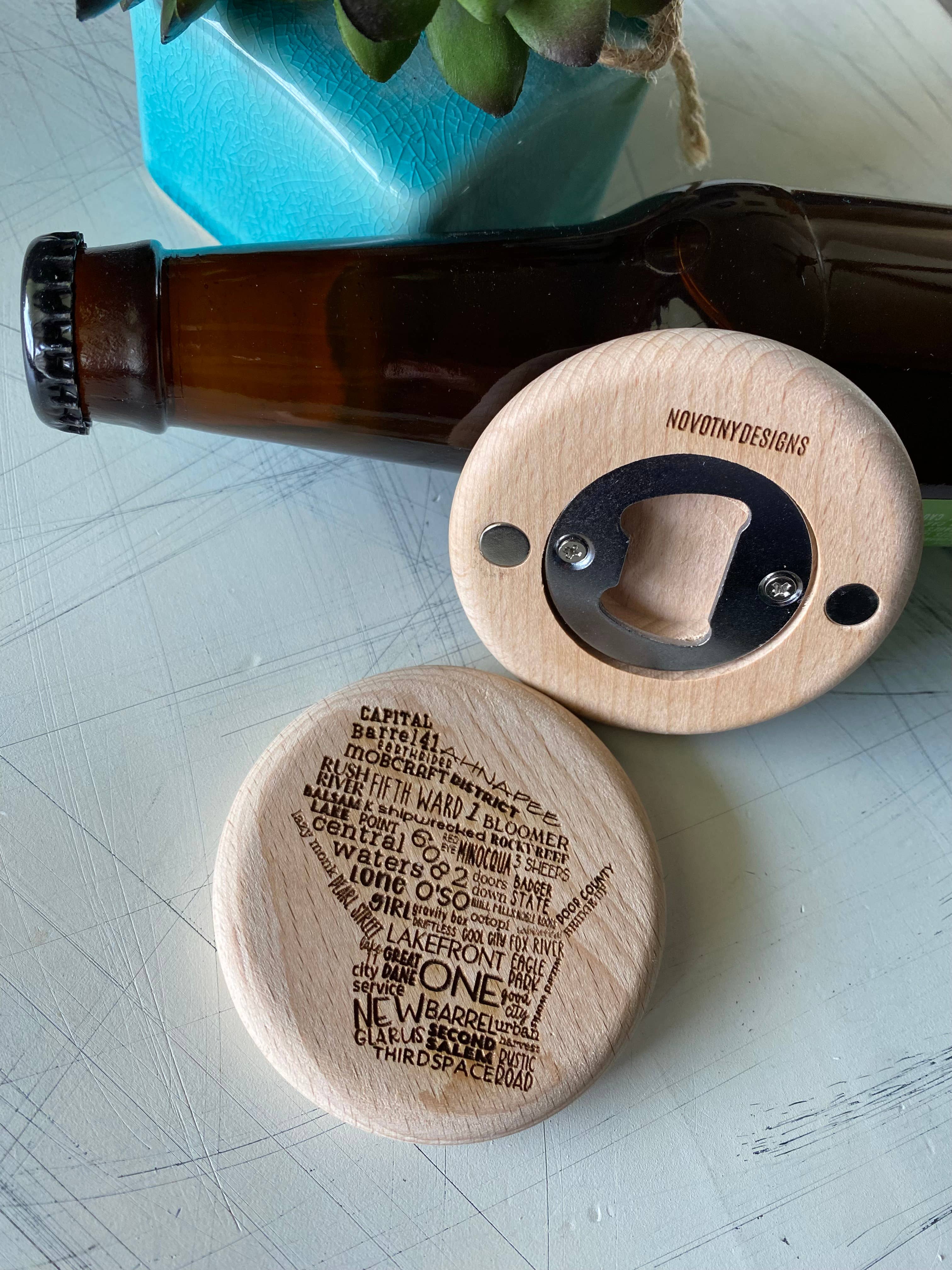 Novotny Designs - Wholesale Bottle/Wine Opener - Wisconsin breweries - magnetic wood bottle opener3