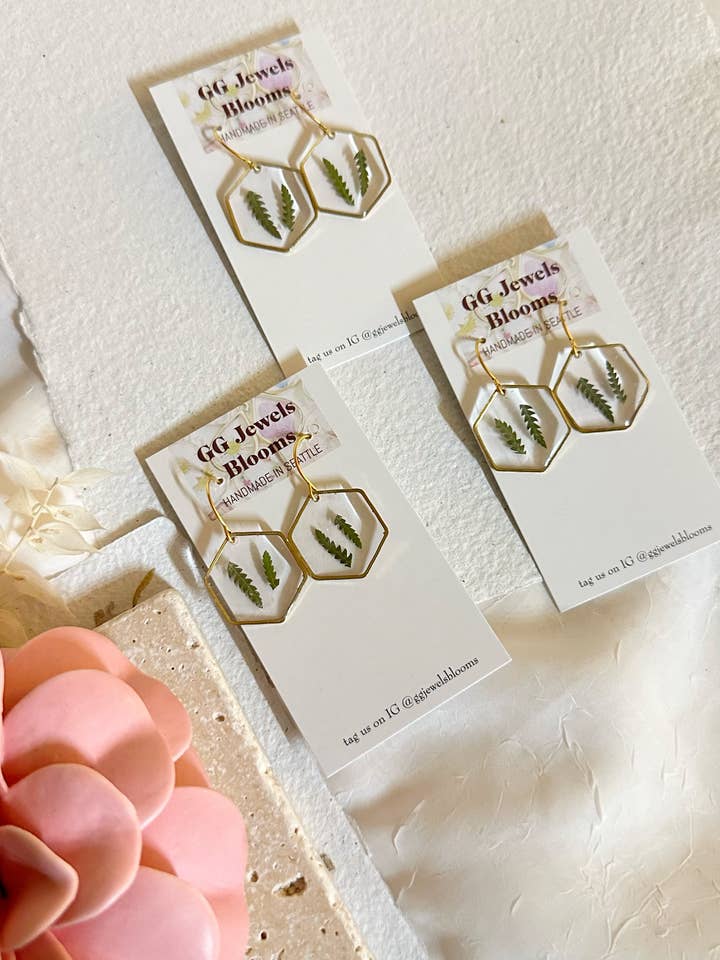 Fern Hexagon earrings for wholesale by GG Jewels Blooms