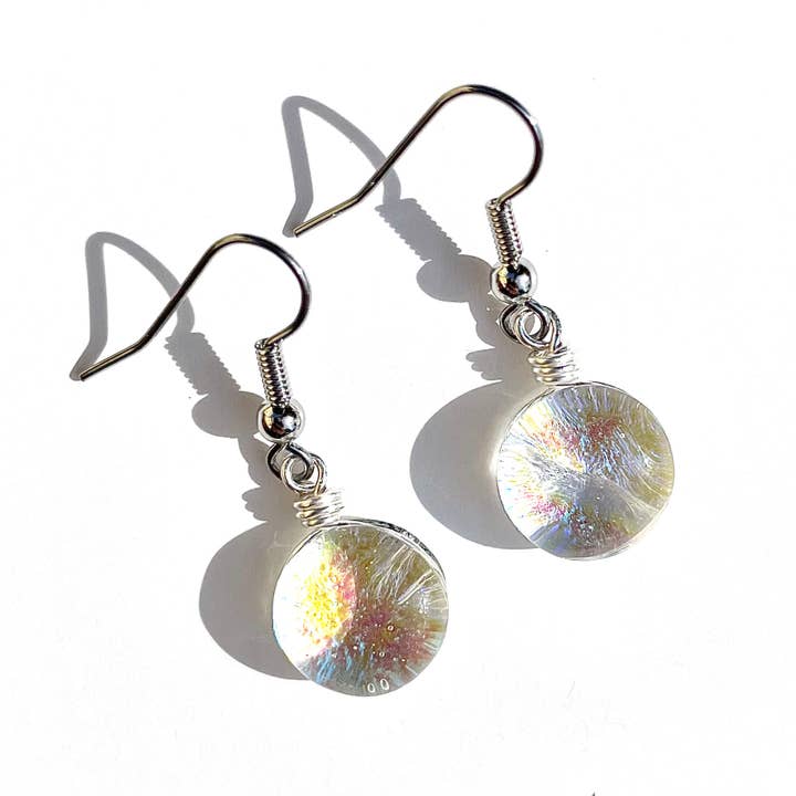 Round Dichroic Glass Earrings - Rainbow Clear for wholesale by Flame Work Designs - Glass Jewelry