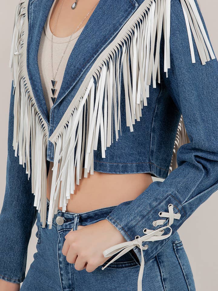 Saints & Hearts - Wholesale Denim Jacket - Women's - SIJ5418A MEDIUM WASH FRINGED CROPPED DENIM JACKET1