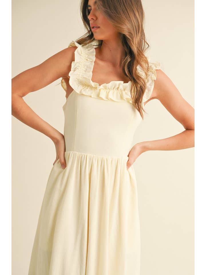 Klesis - Wholesale Dress - Women's - ID8957 LINEN RUFFLED SQUARE NECKLINE MIDI DRESS