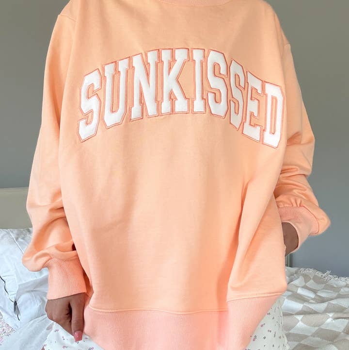 Papaya Orange Varsity Sunkissed Embroidered Mockneck Sweatshirt 100% Cotton for wholesale by Sunkissed Coconut