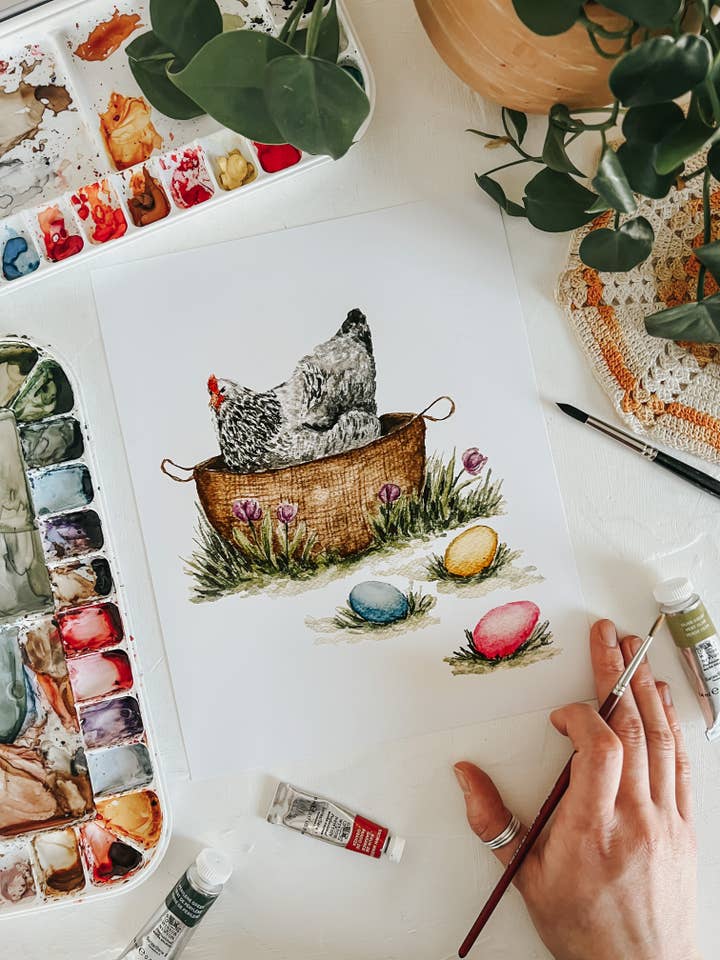 Påske Kylling Akvarel Art Print for engroshandel hos MacaelaMade