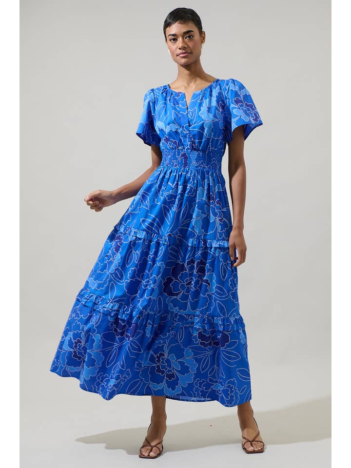 COBALTS Maris Floral Palmer Poplin Tiered Maxi Dress for wholesale on Faire