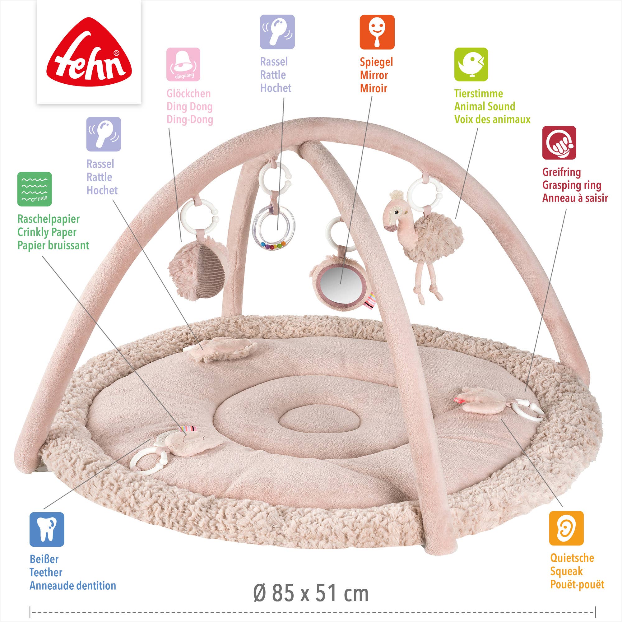 Fehn - Wholesale Play Mat - Kids & Baby - 3-D Activity Blanket Flamingo - Play Arch with Toys3