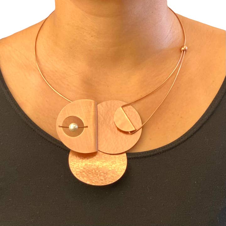 AXIS FOLD Medium Metal Focal Statement Necklace with Front Closure from the LIMINAL Collection with Simulated Pearl or Jade option for wholesale by Chick Boss LLC