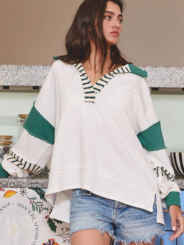 BUCKETLIST - Wholesale Tunic - Women's - T2004C French Terry Knit Color-block Collared Tunic Top