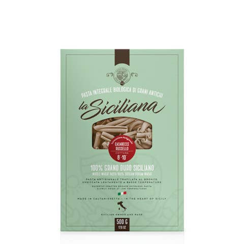 Pasta Russellos Caserecce Integrali - La Siciliana for engroshandel hos Emporio Sicilia