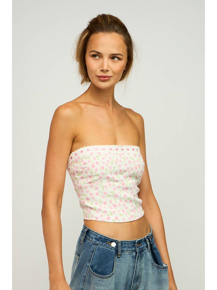 Date With Jannie DITSY FLORAL LACE TRIM BACK ZIPPER TUBE CROP TOP for wholesale on Faire