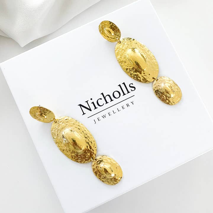 Nicholls Jewellery - Wholesale Dangle Earrings - Oval Disc Statement Gold Earrings