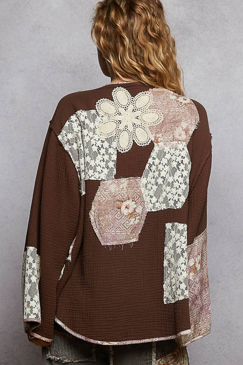 Pol Clothing - Wholesale Cardigan - Women's - Long sleeve double gauze crochet patch cardigan woven top18