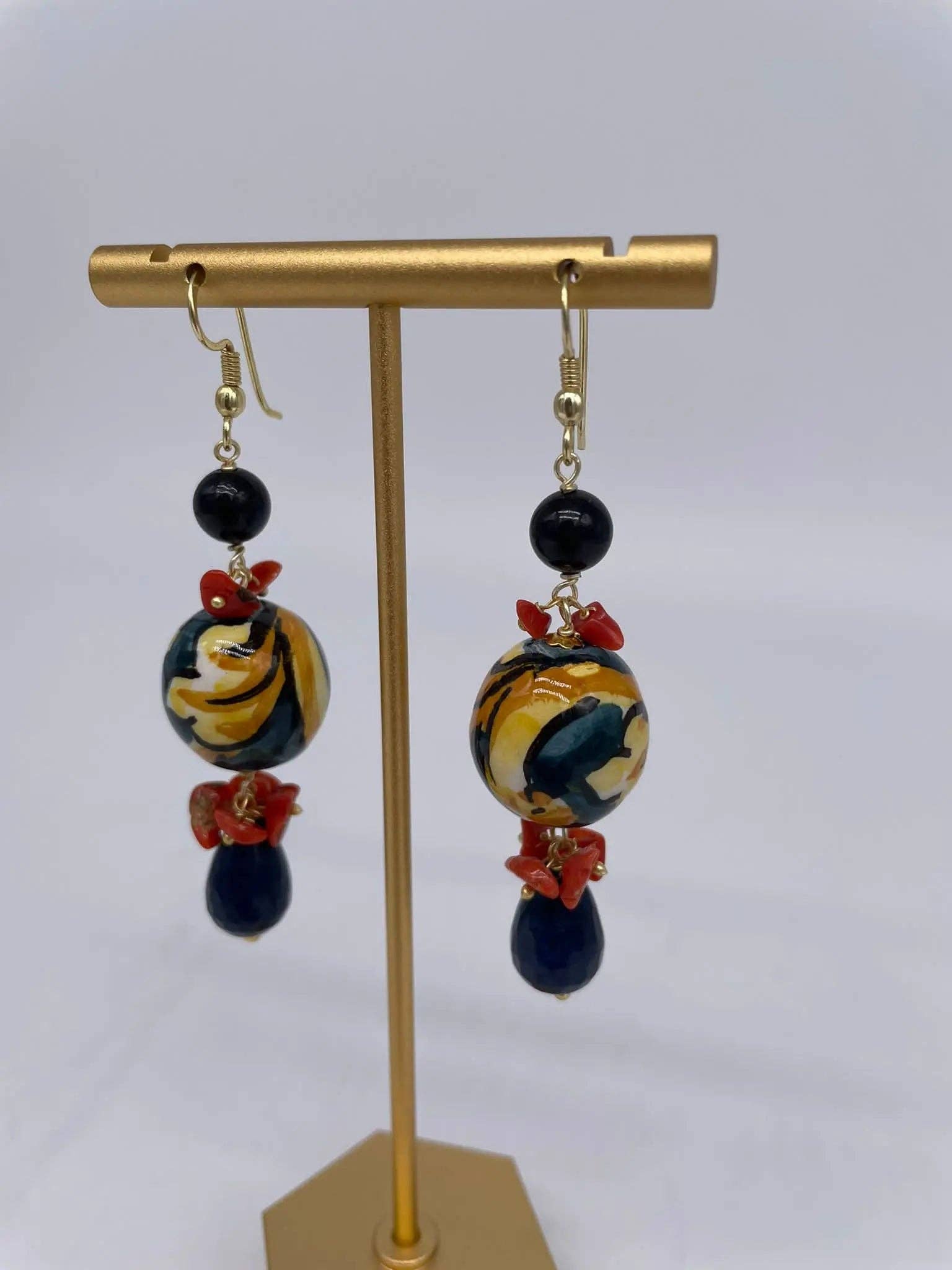 DD Ceramiche Siciliane – wholesale Dangle earrings – Handmade Blue Christmas Balls Earrings in Caltagirone Ceramic, stones and coral2