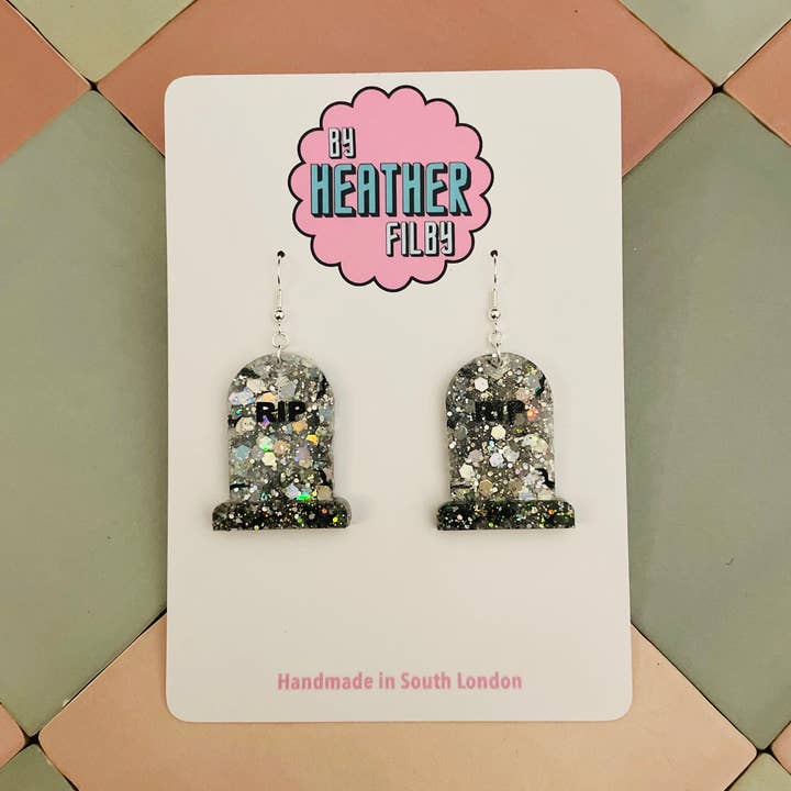 Gravestone Glitter Resin Earrings for wholesale by By Heather Filby