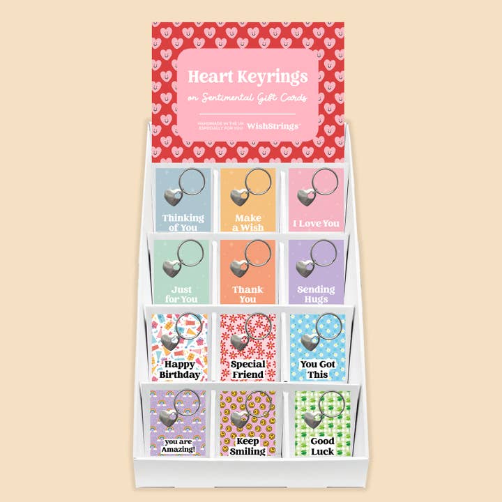WishStrings – Engroshandel Nøglering - Dame – Hjertenøgleringe på sentimentale gavekort - Forfyldt diskstativ