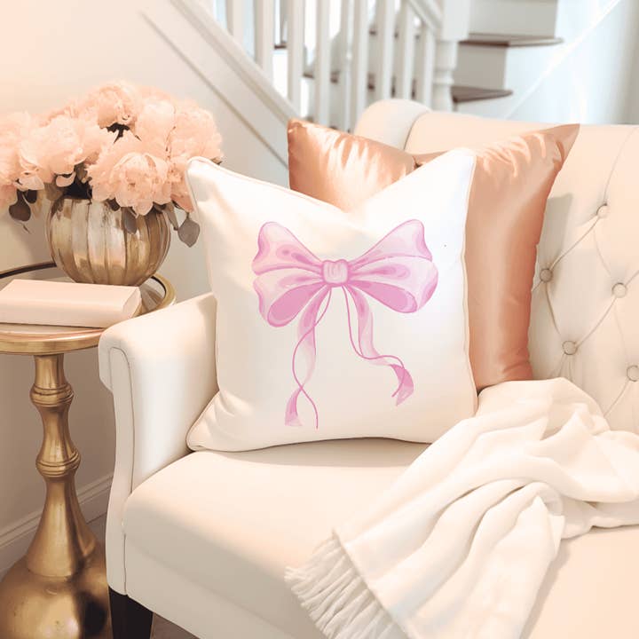 Pink Bow Coquette Throw Pillow for wholesale by Timeless Luxe Boutique