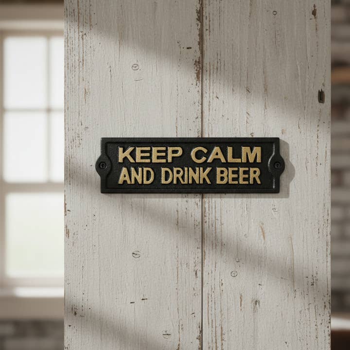 Relaxed Cast Iron Plaque: Keep Calm And Drink Beer - Pub-Style Sign for wholesale by Iron & Blossom