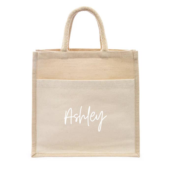 Weddingstar Inc. - Wholesale Tote Bag - Women's - Medium Woven Jute Tote Bag With Pocket - Script Font3