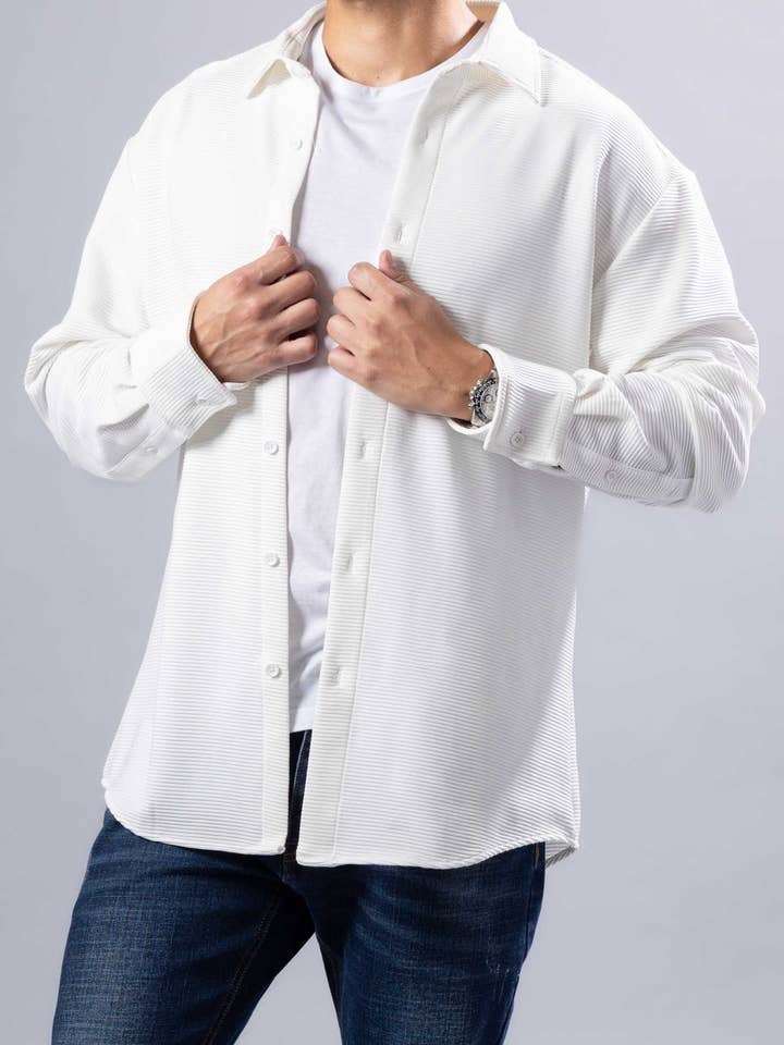 252215 - Witte Modern Fit Getextureerde Lange Mouw Shirt voor wholesale door Bespoke Moda