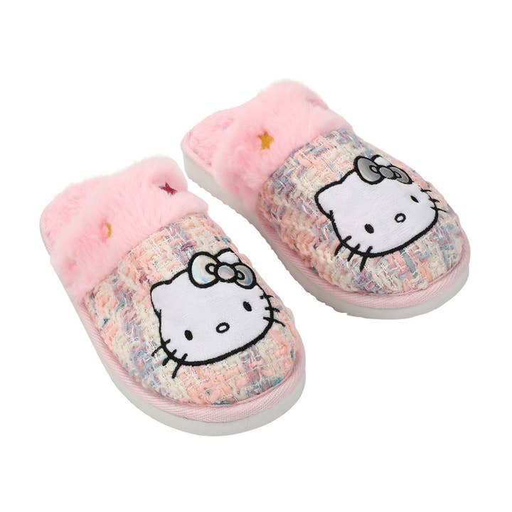 Hello Kitty PVC Sequin Character Patch Women's Gray Tweed Mules for wholesale by Bioworld Merchandising