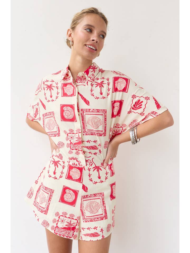 RED PALM TREE PRINT SHIRT ROMPER - RJP1013 for wholesale on Faire